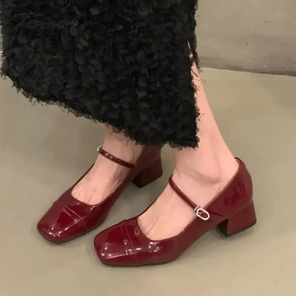 TAVIMART Women's Mid Heels Pumps Square Toe Patent Leather Mary Janes Shoes Silver Red Black Basic Pumps Spring Autumn for Woman 1734N