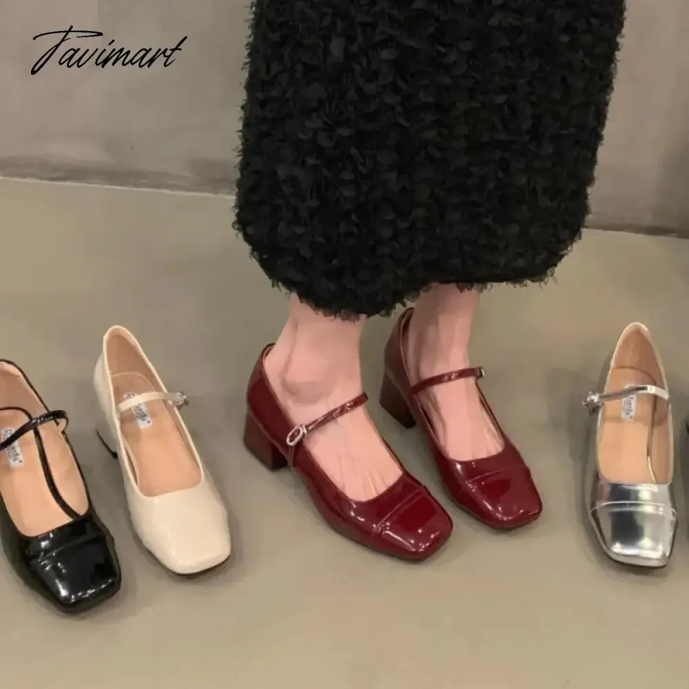 TAVIMART Women's Mid Heels Pumps Square Toe Patent Leather Mary Janes Shoes Silver Red Black Basic Pumps Spring Autumn for Woman 1734N