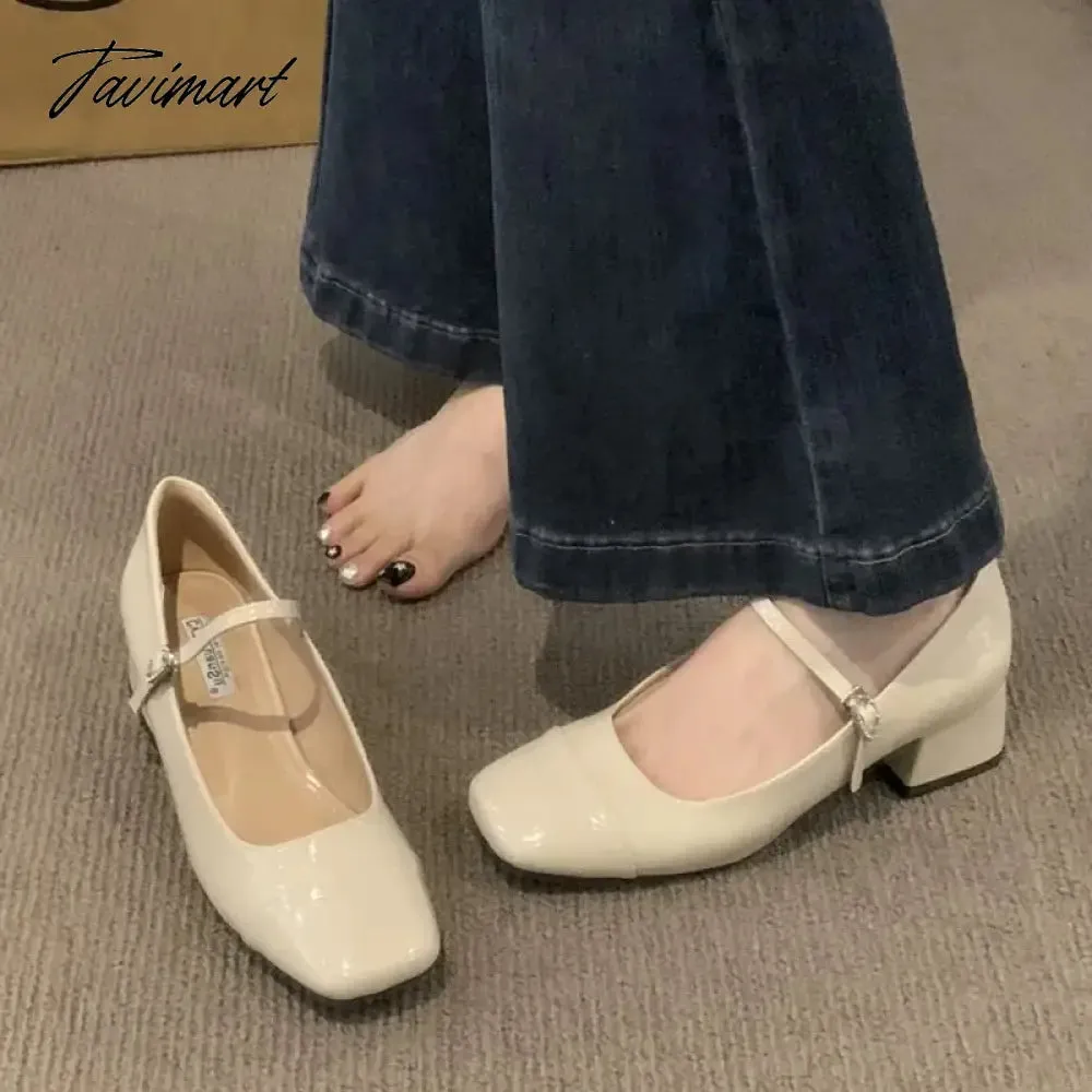 TAVIMART Women's Mid Heels Pumps Square Toe Patent Leather Mary Janes Shoes Silver Red Black Basic Pumps Spring Autumn for Woman 1734N