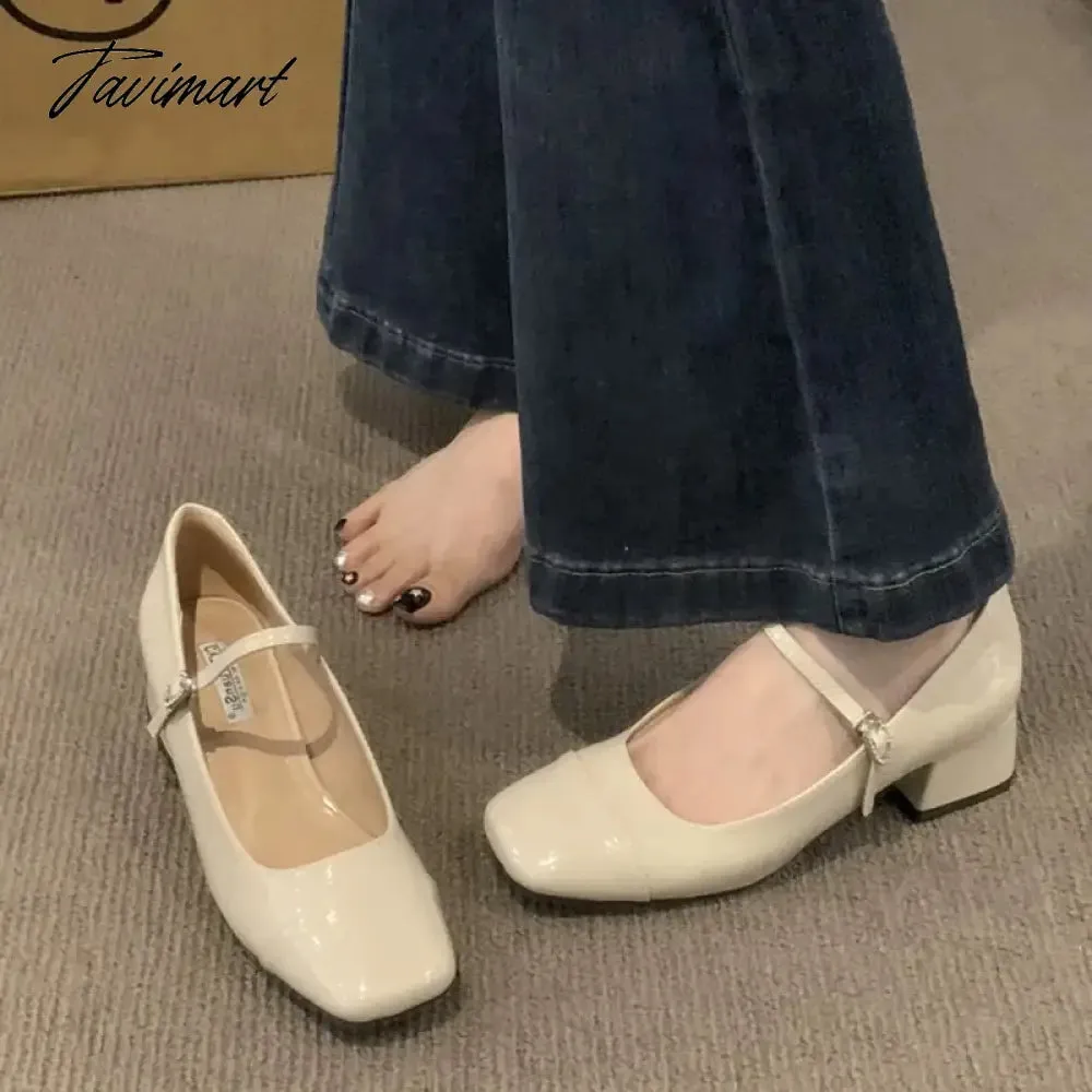 TAVIMART Women's Mid Heels Pumps Square Toe Patent Leather Mary Janes Shoes Silver Red Black Basic Pumps Spring Autumn for Woman 1734N