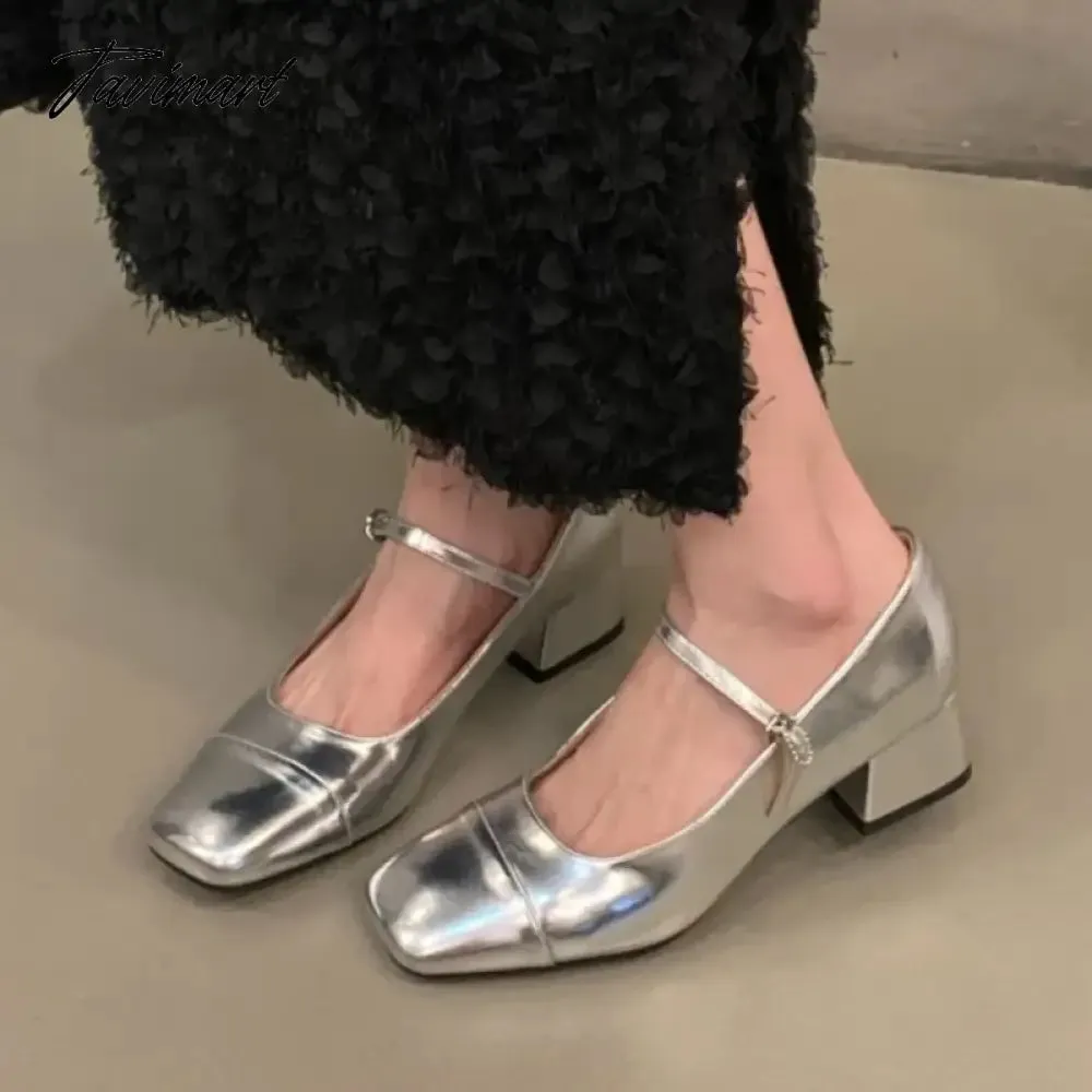 TAVIMART Women's Mid Heels Pumps Square Toe Patent Leather Mary Janes Shoes Silver Red Black Basic Pumps Spring Autumn for Woman 1734N