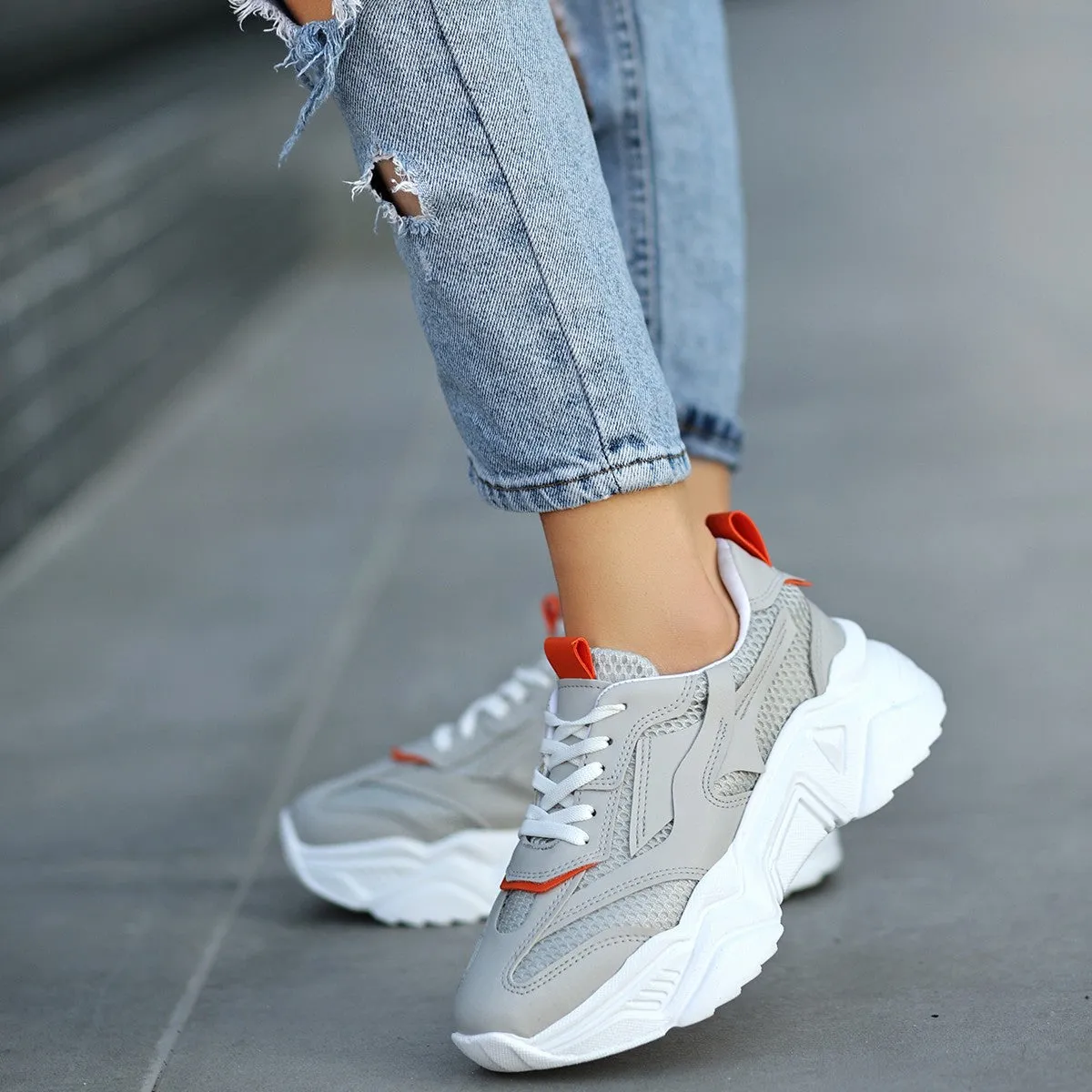 Women's Gray Leather Lace-Up Sports Shoes