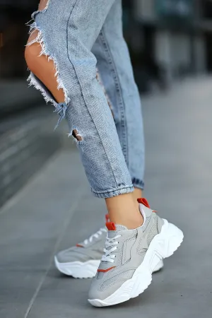 Women's Gray Leather Lace-Up Sports Shoes