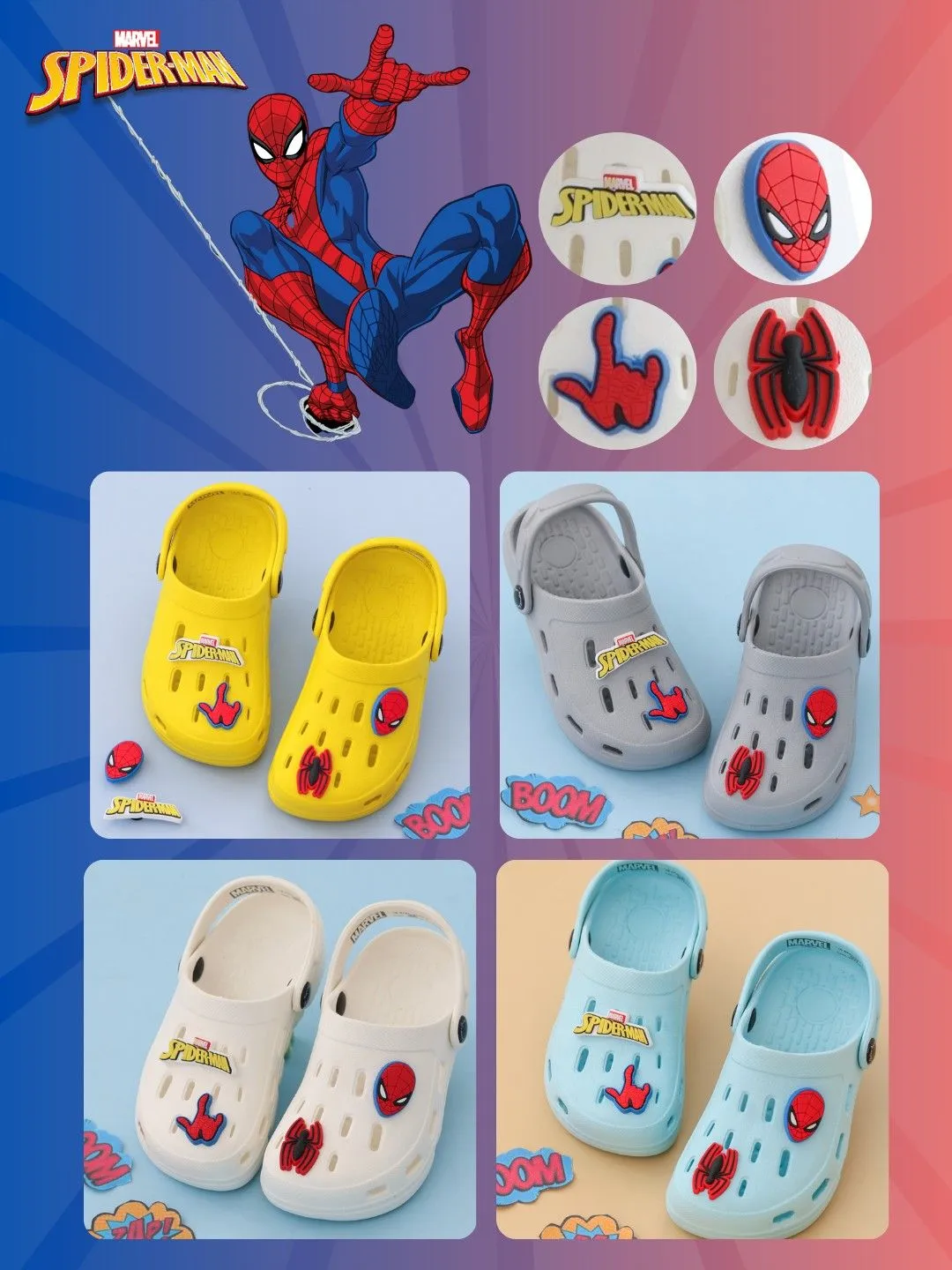 Yellow Bee Boys’ Marvel Spider-Man Clogs with Web & Hero Charms – Grey