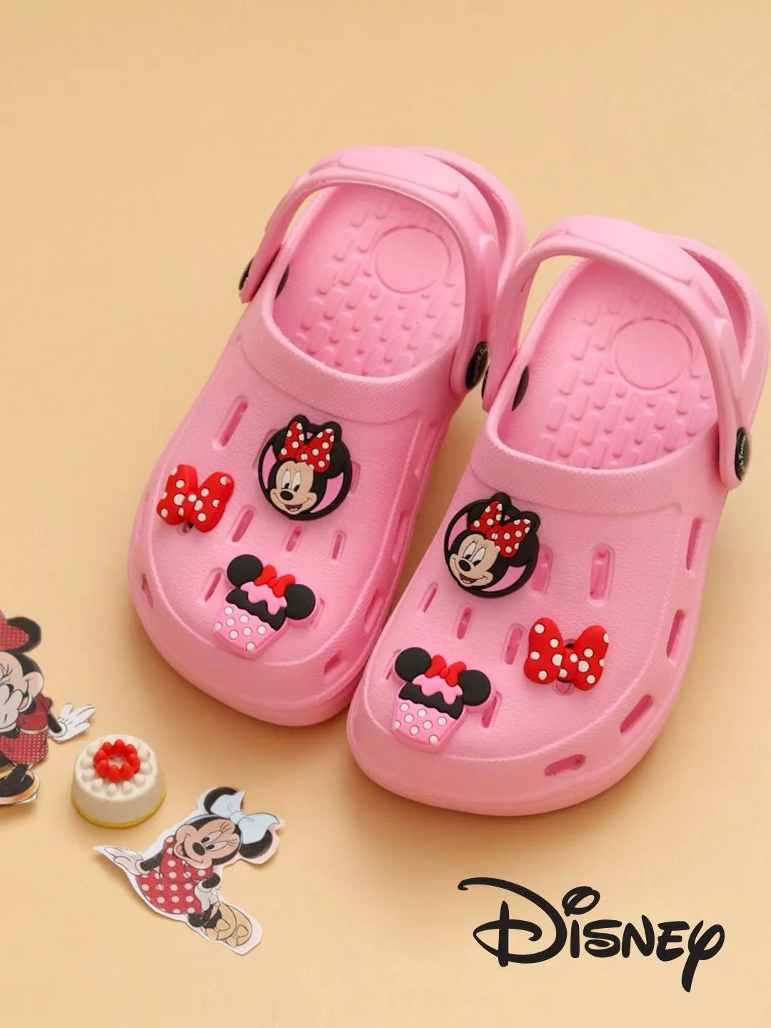 Yellow Bee Girls’ Disney Minnie Mouse Clogs with Bow & Cupcake Charms – Pink
