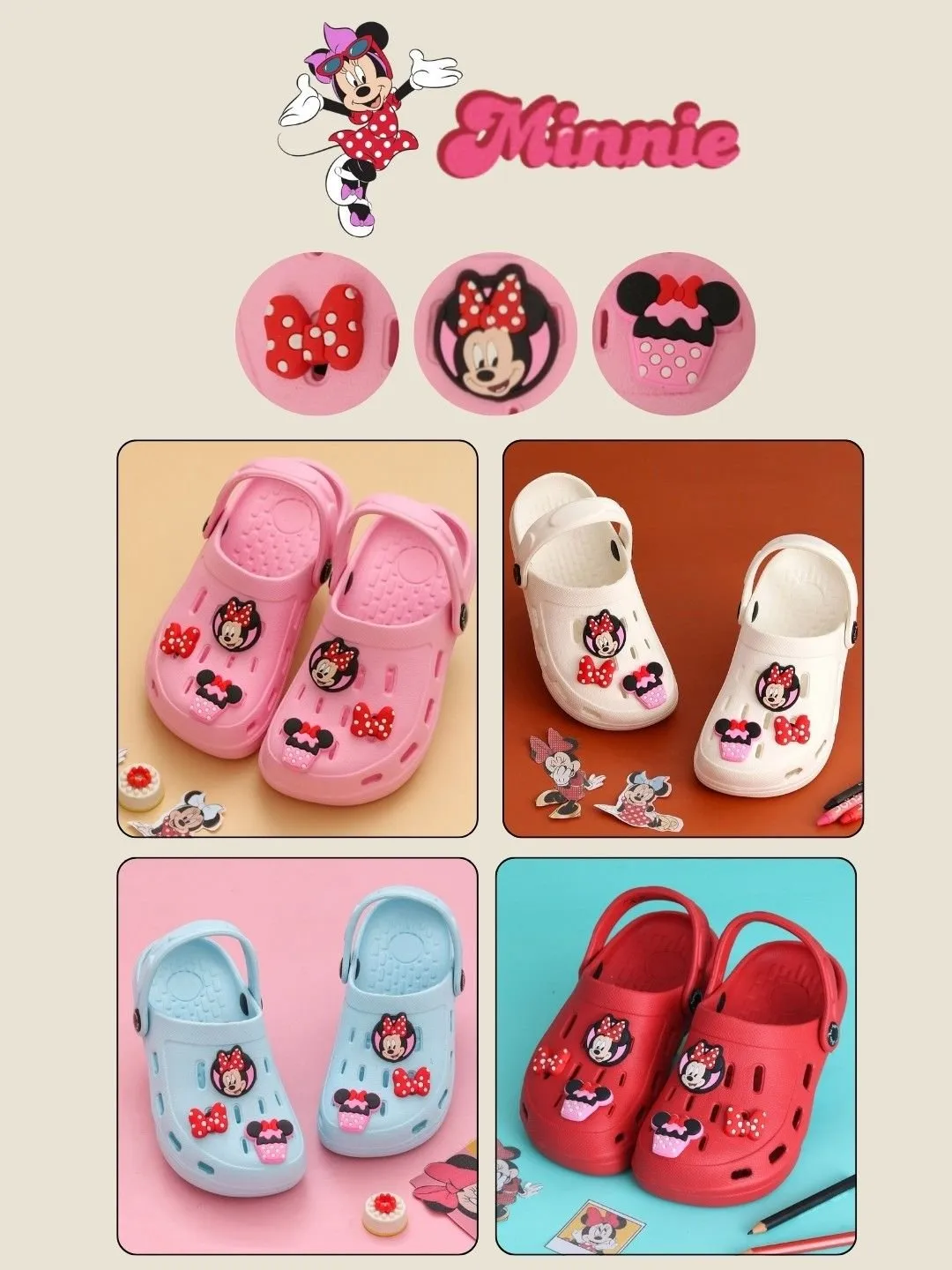 Yellow Bee Girls’ Disney Minnie Mouse Clogs with Bow & Cupcake Charms – Pink